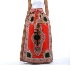 D'IYANU Dashiki Boho Tribal Maxi Skirt African Print Sz M Red Cotton Ethnic